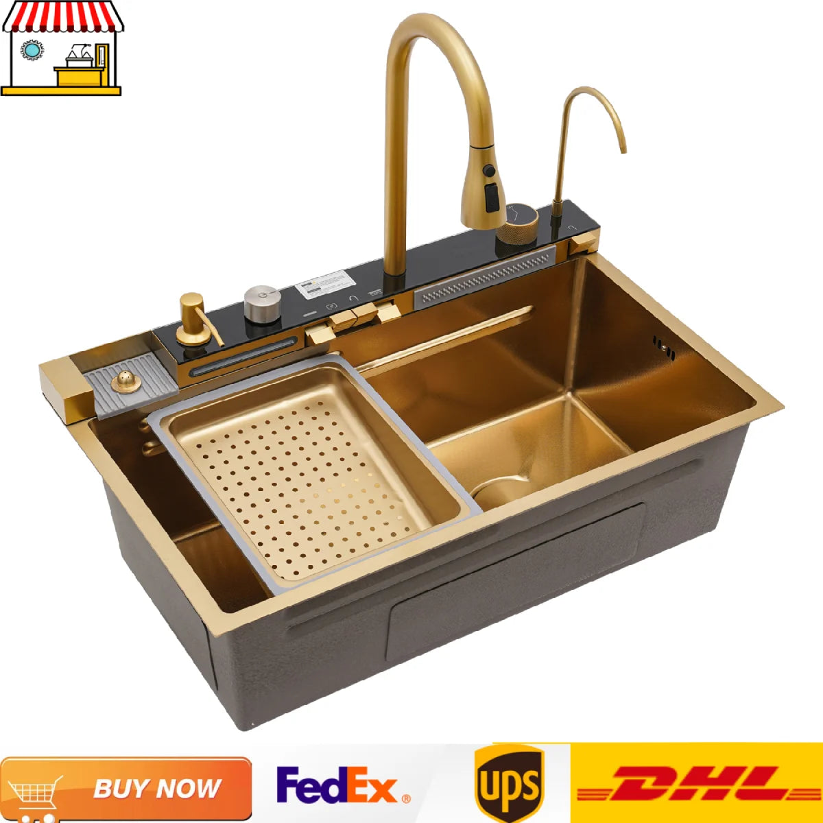Digital Display Waterfall Kitchen Sink Set with Faucet Hoses| 75*46*22cm Gold Stainless Steel Sink Set for Modern Home