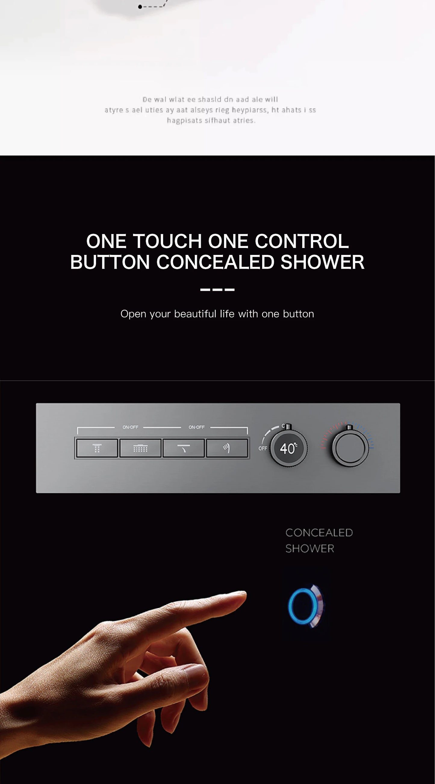 Modern brushed gold brass LED digital ceiling embedded shower system. Thermostatic 4-function waterfall/rain shower bathroom Tap