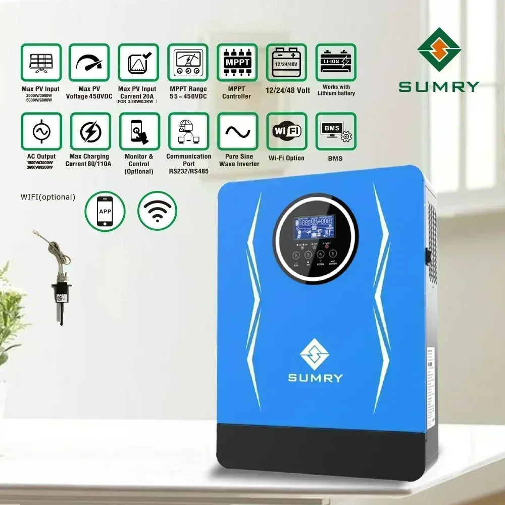 SUMRY Hybrid Inverter Off Grid 3kw 3.8kw 6.2kw 24v 48V AC220-240V Solar Inverter MPPT Pure Sine Wave Inverter