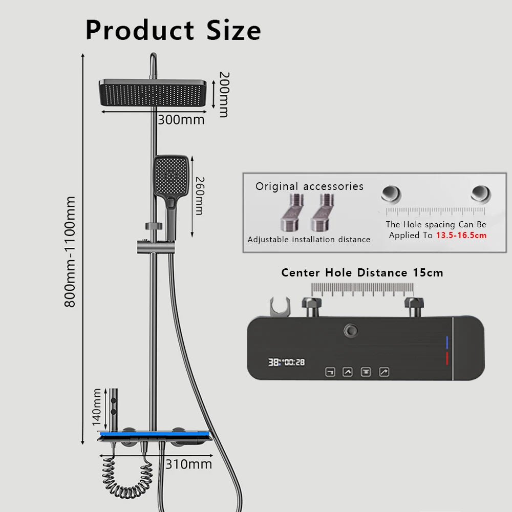 Bathroom Smart Shower System Set Temperature Digital Display LED Bathtub Rainfall Mixer Brass Shower Faucet Full Set with Lights