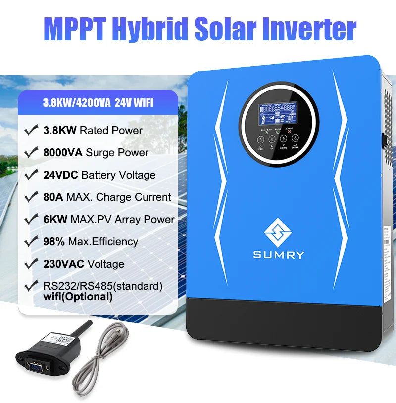 SUMRY Hybrid Inverter Off Grid 3kw 3.8kw 6.2kw 24v 48V AC220-240V Solar Inverter MPPT Pure Sine Wave Inverter