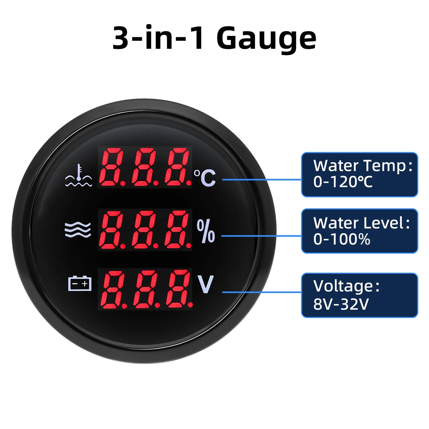 Red Backlight Digital 52mm Gauge Multifunctional Water Temp+Water Level+Voltage with Alarm Sensor for Car Boat Yacht DC12V 24V