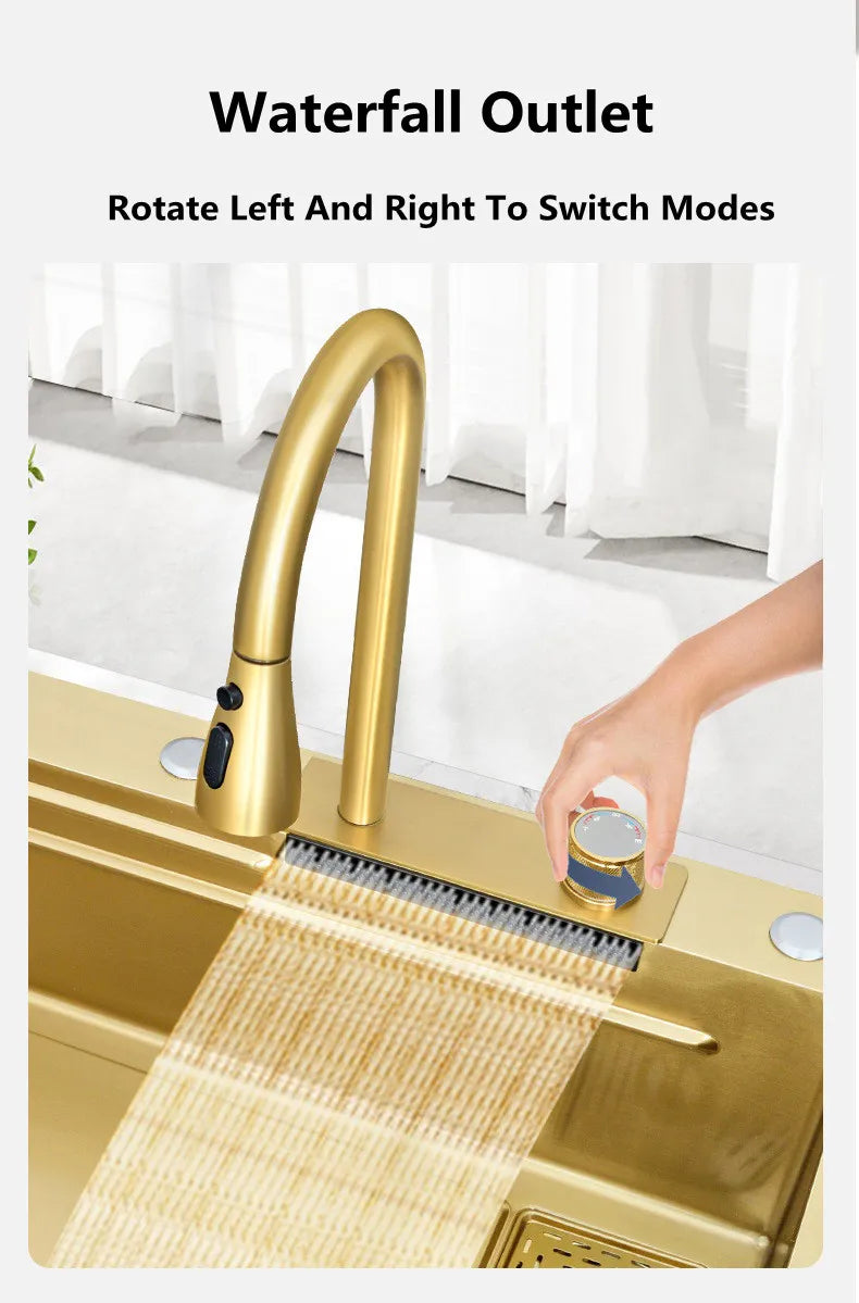 Waterfall Kitchen Sink Single Bowl Kitchen Sinks Gold 304 Stainless Steel Bar Sink With Pull-Faucet，Nano Home Sink  ﻿