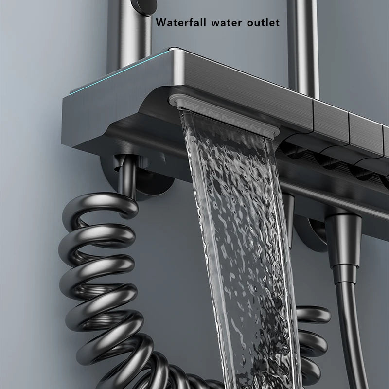 Modern Bathrooms Shower System Set Glass Panel Bathtub Rain LED Display Rainfall Shower Mixer Tap Thermostatic Faucet with Light