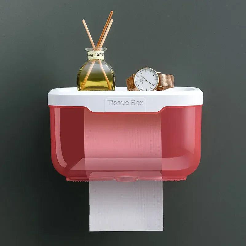 Wall Mounted Toilet Paper Holder Waterproof Tissue Box with Shelf Bathroom Organizer Kitchen Multi Purpose Storage Dispenser