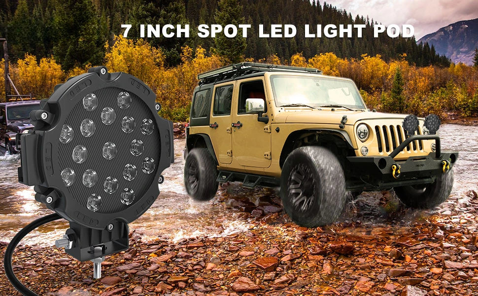 2PCS 7 Inch 51W Round LED Offroad Lights, 5100LM Spot Driving Light Pod Bumper Roof Fog Light Fit for Boat, Jeep, ATV, SUV