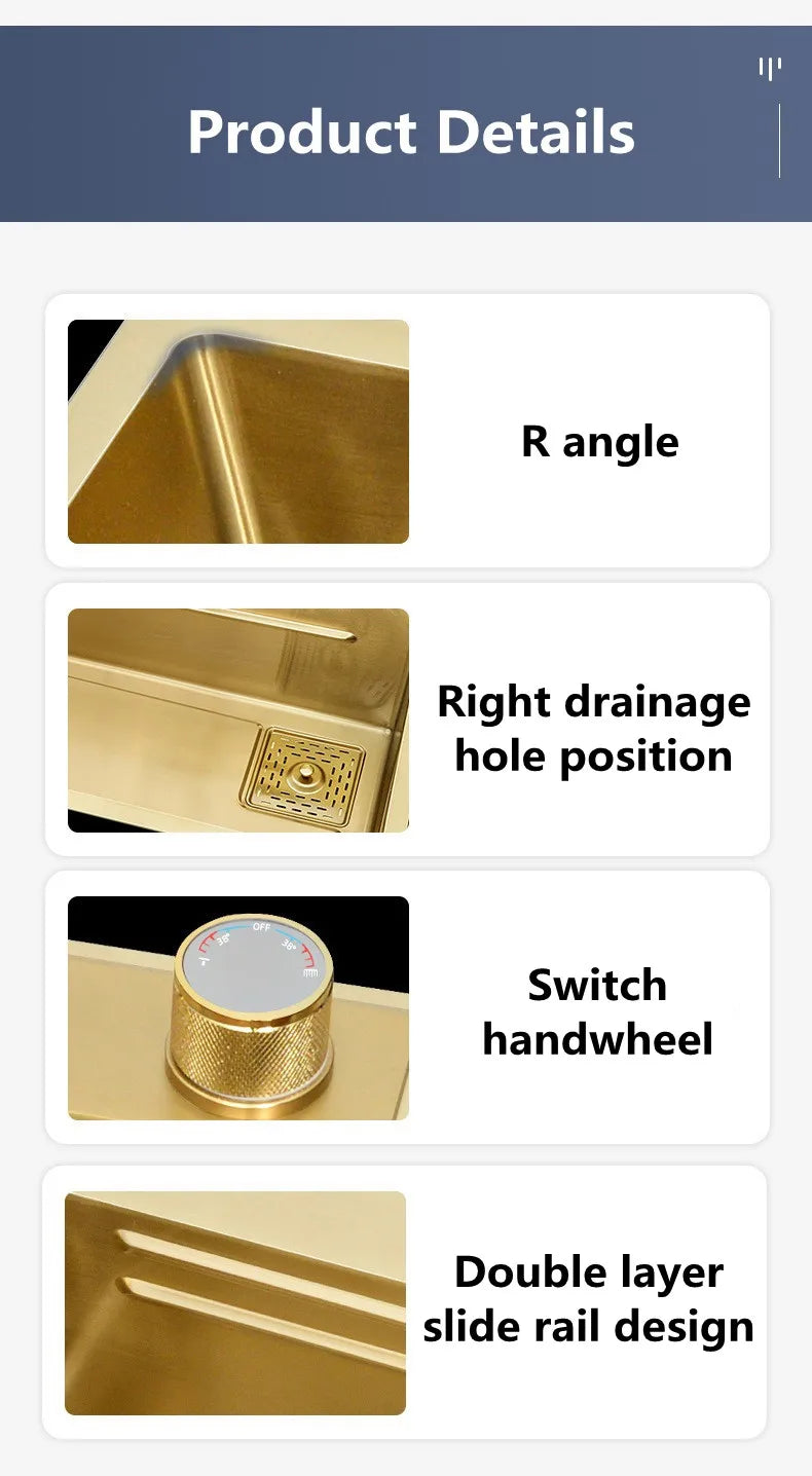 Waterfall Kitchen Sink Single Bowl Kitchen Sinks Gold 304 Stainless Steel Bar Sink With Pull-Faucet，Nano Home Sink  ﻿