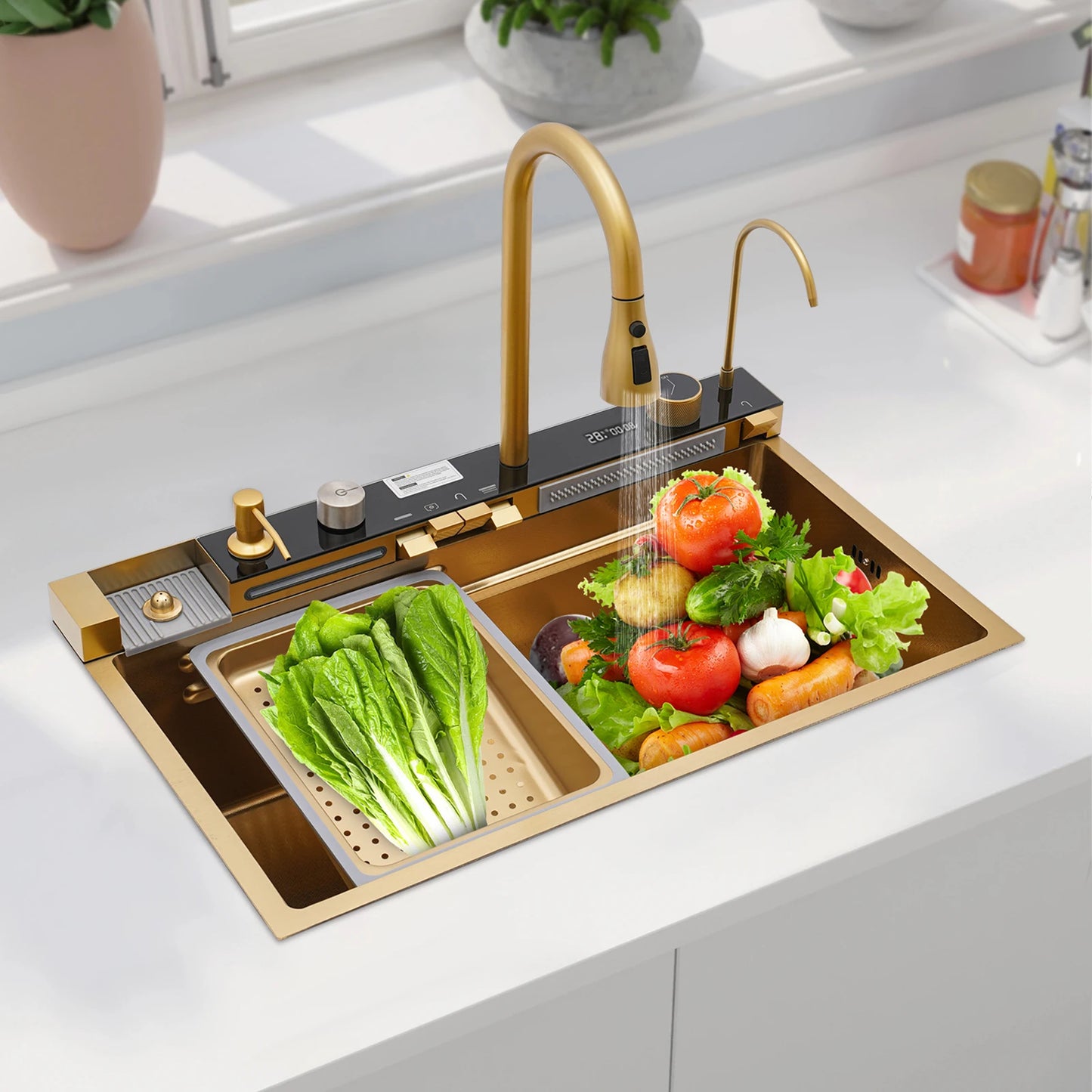 Digital Display Waterfall Kitchen Sink Set with Faucet Hoses| 75*46*22cm Gold Stainless Steel Sink Set for Modern Home
