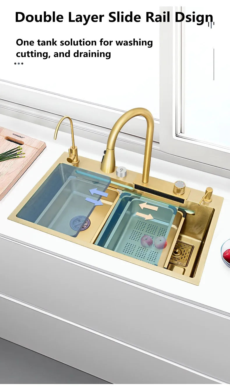 Waterfall Kitchen Sink Single Bowl Kitchen Sinks Gold 304 Stainless Steel Bar Sink With Pull-Faucet，Nano Home Sink  ﻿