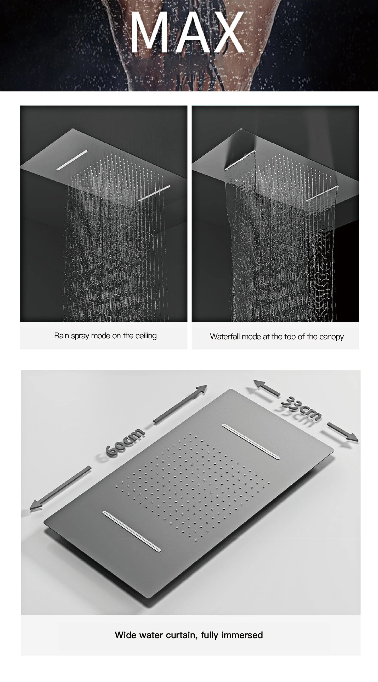 Modern brushed gold brass LED digital ceiling embedded shower system. Thermostatic 4-function waterfall/rain shower bathroom Tap