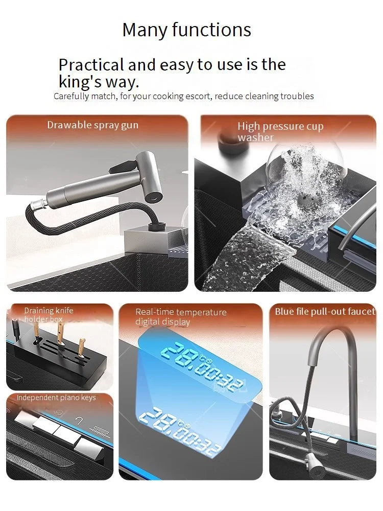 100x50cm Stainless Steel Waterfall Kitchen Sink With Knife Holder Digital Display Faucet Set Embossed Extra Large Single Slot
