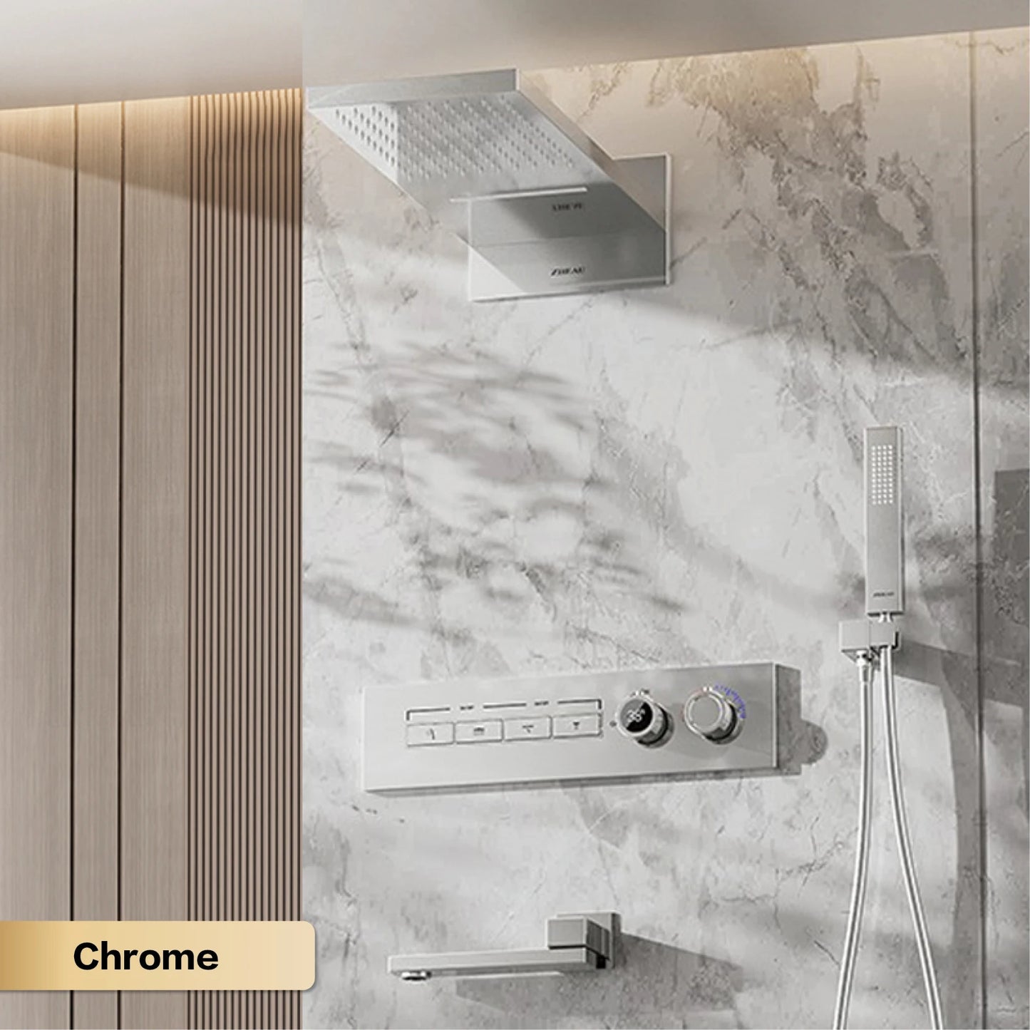 Modern brushed gold brass LED digital ceiling embedded shower system. Thermostatic 4-function waterfall/rain shower bathroom Tap
