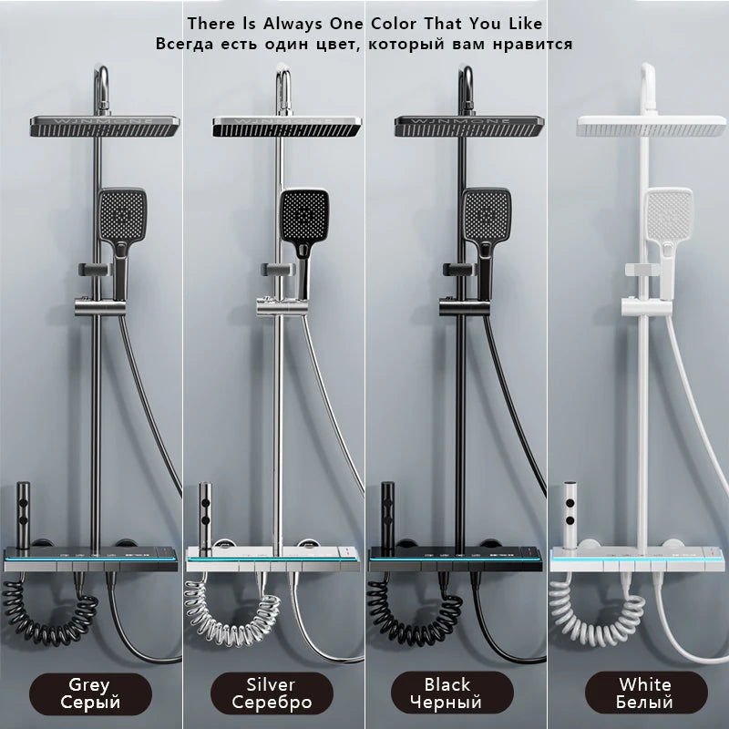 Modern Bathrooms Shower System Set Glass Panel Bathtub Rain LED Display Rainfall Shower Mixer Tap Thermostatic Faucet with Light