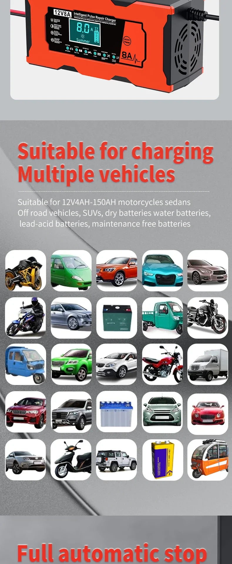 Smart 12V 8A Car Battery Charger Pulse Repair Quick Charge for Auto Moto AGM GEL WET Lead Acid LiFePO4 Battery Charging