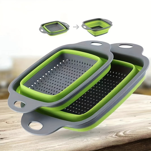 2pcs Folding Drain Basket, Portable Fruit Vegetable Cleaning Washing Basket, Square Expandable Filter Basket, Home Tool, Home Gadgets, Home Accessories (1 Large, 1 Small), Kitchen Washing Basket