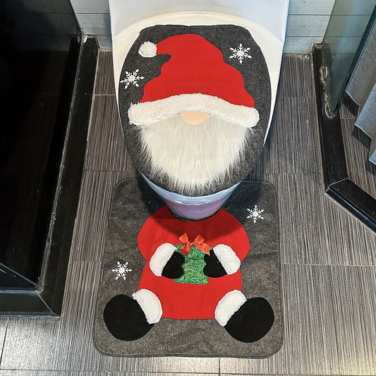 Festive Santa and Snowman Toilet Seat Cover and Rug Set - Seasonal Bathroom Decor - Christmas Gift Idea - Suitable for Holiday Home Accessories