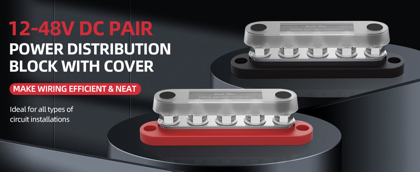 DaierTek Bus Bar 12V Power Distribution Block with Cover 5 x 1/4" Studs Terminal Block Max 150A 48VDC Positive Negative for Auto