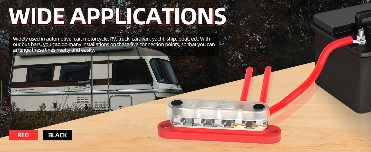 DaierTek Bus Bar 12V Power Distribution Block with Cover 5 x 1/4" Studs Terminal Block Max 150A 48VDC Positive Negative for Auto