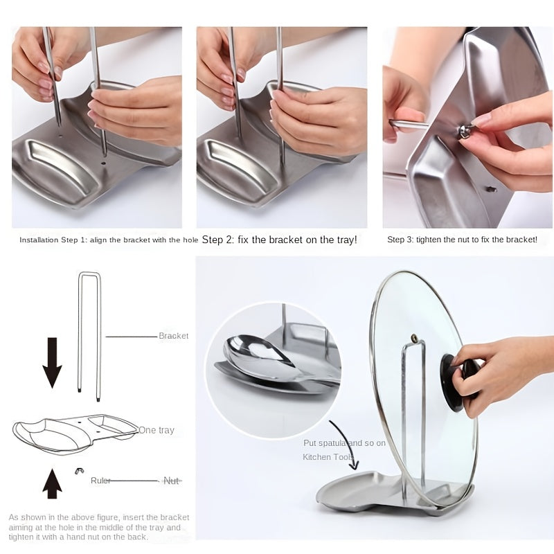 1pc Stainless Steel Pot Lid Rack Shelf with Drain Tray Bracket - Free Punching Soup Spoon Rack with Removable Shelf - Kitchen Accessories for Easy Pot Cover Storage and Drainage